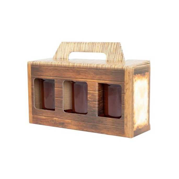 Cajas de cartón Caja decorativa 3 botes de 500g, (10 unidades) Caja decorativa fabricada en cartón.
Dimensiones:
230x75x120mm