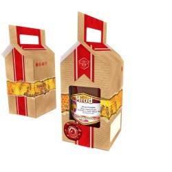 Cajas de cartón Caja decorativa para 1 bote de 1kg- Efecto cartón con panal y lazo rojo Caja de cartón con asa para bote de 1 kg