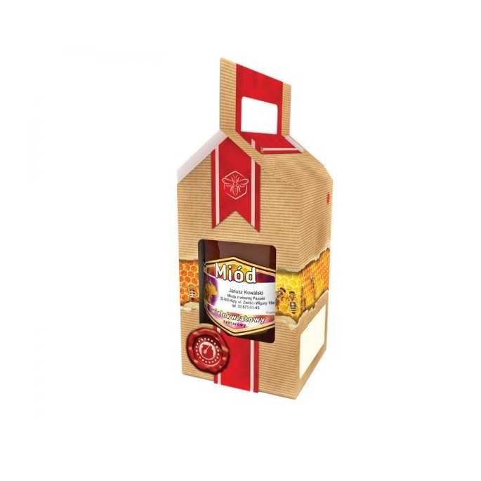 Cajas de cartón Caja decorativa para 1 bote de 1kg- Efecto cartón con panal y lazo rojo Caja de cartón con asa para bote de 1 kg