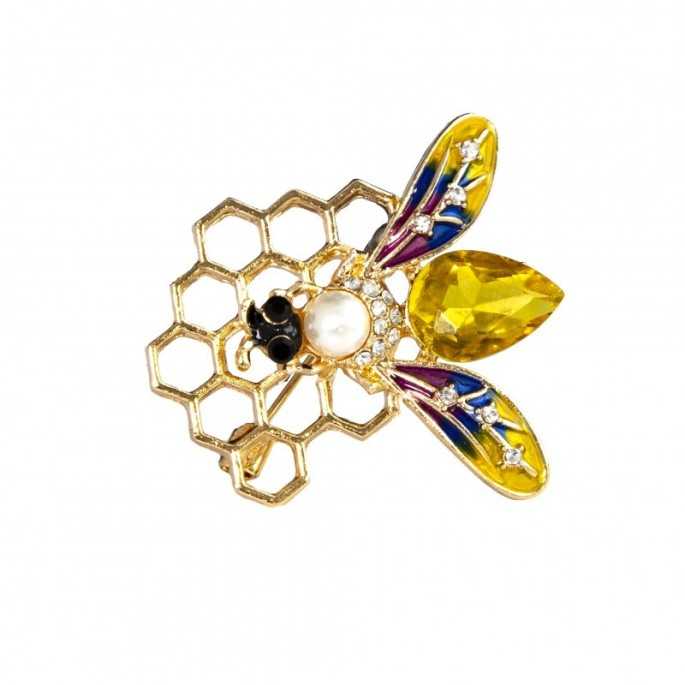 Belleza Broche - miel hexagonal Precioso broche de abeja en tonos dorados, ámbar, azules y pequeños matices en malva, decorado c