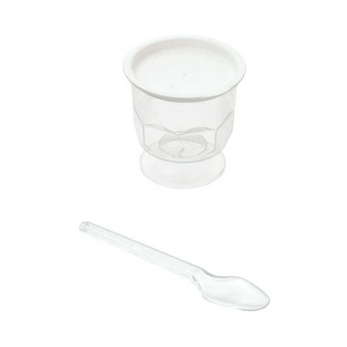 Inicio Recipiente de plástico de 30g con cuchara (10 uds) Recipiente en forma de copa, diseñado para pequeñas muestras de miel, 