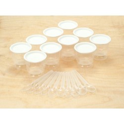 Inicio Recipiente de plástico de 30g con cuchara (10 uds) Recipiente en forma de copa, diseñado para pequeñas muestras de miel, 