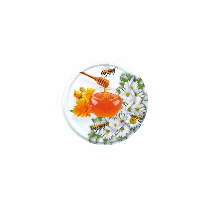 Tapas Tapa TO82 - Dibujo - Miel abejas y margaritas 
Tapa de bote con el dibujo de la un bote de miel con abejas y margaritas
